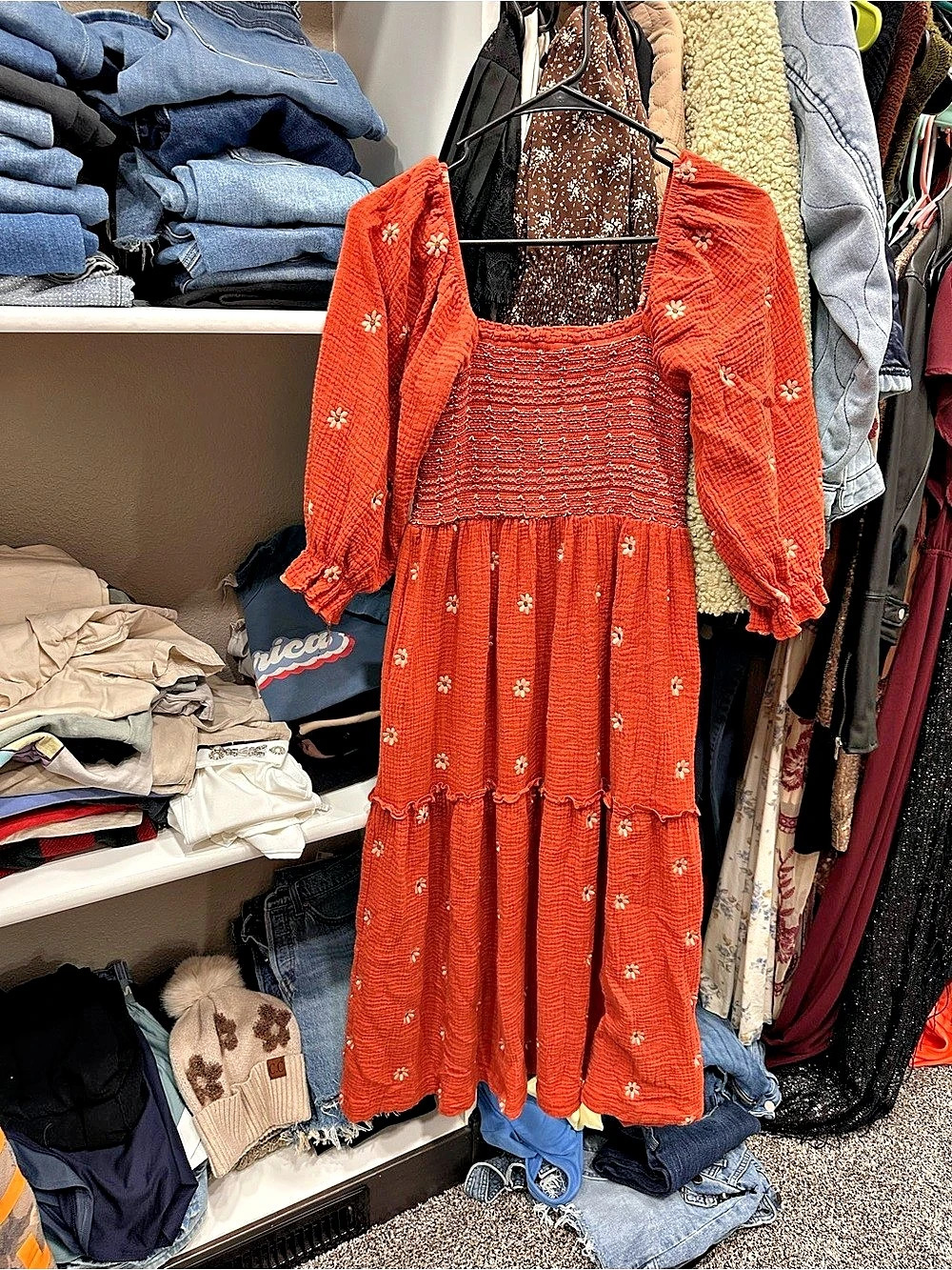 Floral Smocked Maxi Dress in Orange & White Like New fp dupe